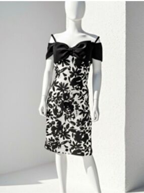 Vintage 80’s A.J.Bari Black/White Floral Wiggle Dress Silk Bow Size 12 Fits 4-6